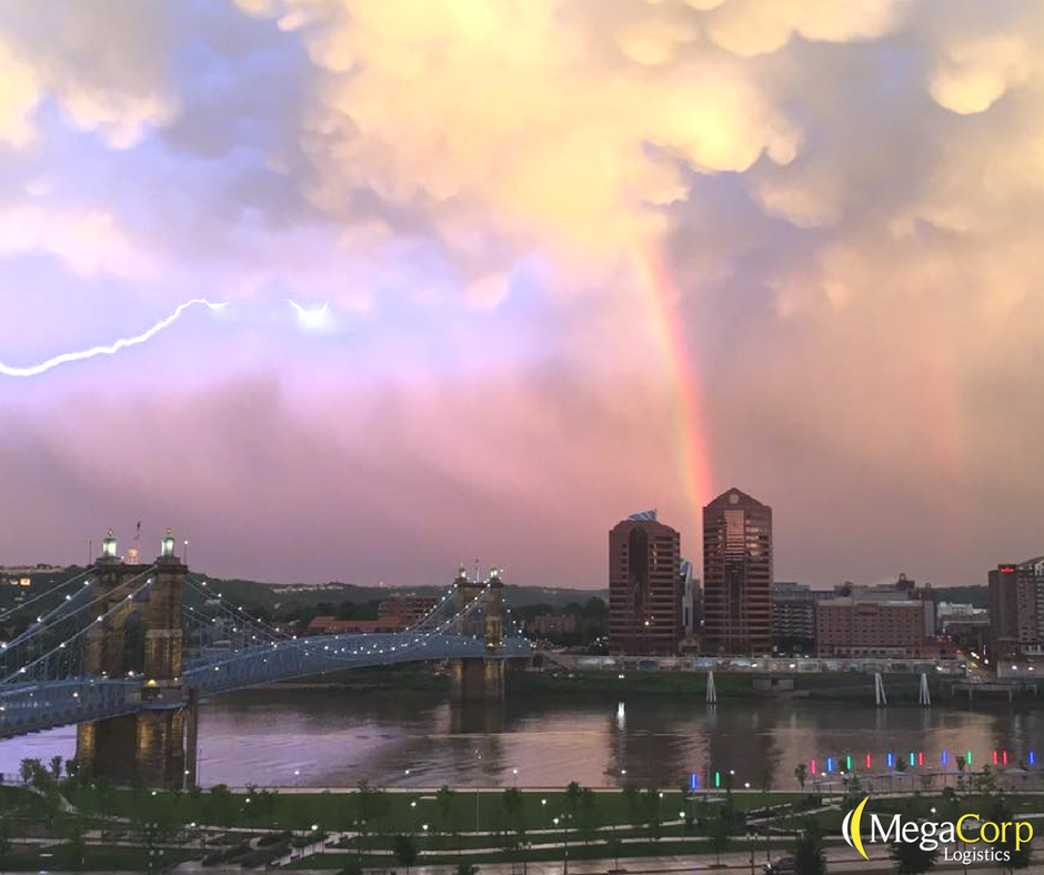lightening and a rainbow caught outside the Cincinnati MegaCorp office window